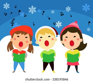 Children singing christmas carols, vector illustration