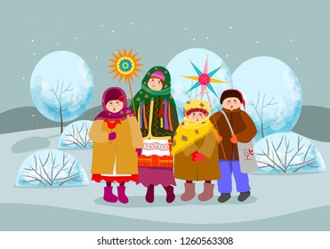 Children singing Christmas carols.Vector illustration.Vector illustration.