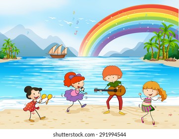 Children singing and dancing at the beach side