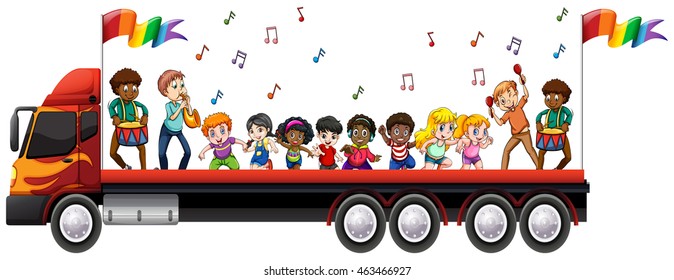 Children singing and dancing on the truck illustration