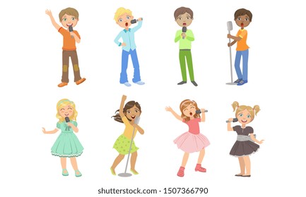 Children Singing with Microphones, Teen Boys and Girls Performing on Stage Vector Illustration