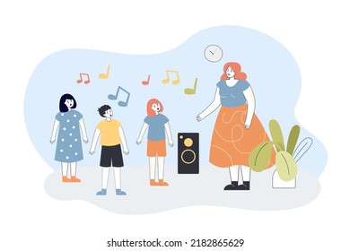 Children singing song on school lesson with teacher. Woman teaching cute group of girls and boys flat vector illustration. Music, rhythm concept for banner, website design or landing web page