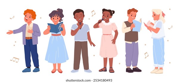 Children singing song together in choir set. Diverse vocal group of cute girls and boys holding microphone and notebook, female and male little singers sing to music cartoon vector illustration