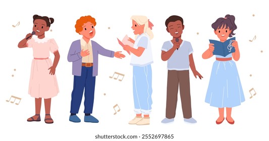 Children singing song together in choir set. Diverse vocal group of cute girls and boys holding microphone and notebook, female and male little singers sing to music cartoon.