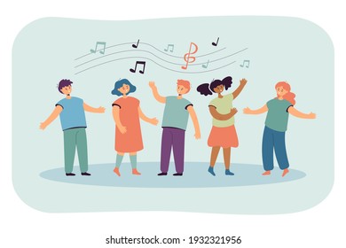 Children Singing Songs. Choir Of Boys And Girls In Church Or Vocal Group In Music School. Vector Illustration For Leisure Activities, Friendship, Music Concept