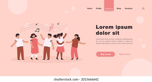 Children singing songs. Choir of boys and girls in church or vocal group in music school. Vector illustration for leisure activities, friendship, music concept