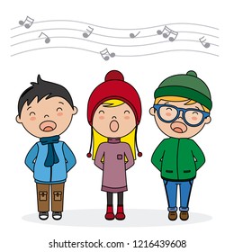Children singing with winter clothes. Vector isolated
