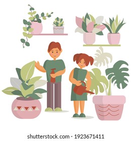 Children sister and brother watering houseplants Vector cartoon illustration