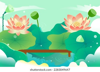 Children sit by the lotus pond in summer and eat watermelon and look at the lotus flowers, the pond and lotus leaves are in the background, vector illustration