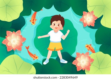 Children sit by the lotus pond in summer and eat watermelon and look at the lotus flowers, the pond and lotus leaves are in the background, vector illustration