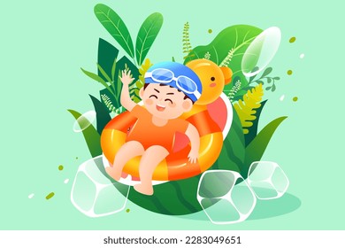 Children sit by the lotus pond in summer and eat watermelon and look at the lotus flowers, the pond and lotus leaves are in the background, vector illustration