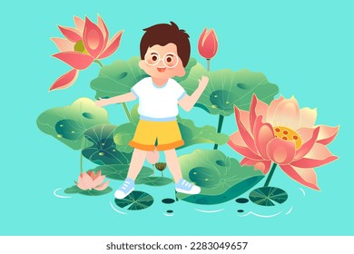 Children sit by the lotus pond in summer and eat watermelon and look at the lotus flowers, the pond and lotus leaves are in the background, vector illustration