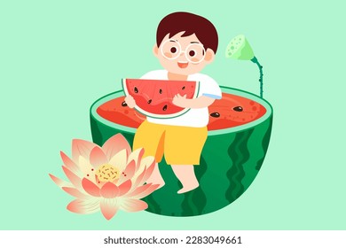 Children sit by the lotus pond in summer and eat watermelon and look at the lotus flowers, the pond and lotus leaves are in the background, vector illustration