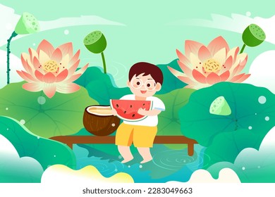 Children sit by the lotus pond in summer and eat watermelon and look at the lotus flowers, the pond and lotus leaves are in the background, vector illustration