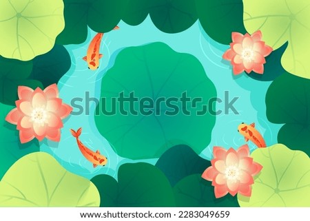 Children sit by the lotus pond in summer and eat watermelon and look at the lotus flowers, the pond and lotus leaves are in the background, vector illustration