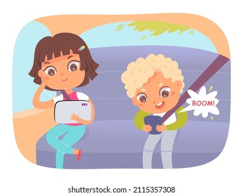 Children Sit In Car Backseat Together, Wearing Seat Belts During Roadtrip Vector Illustration. Cartoon Boy And Girl Playing With Tablet Or Phone, Brother And Sister In Family Travel. Safety Concept