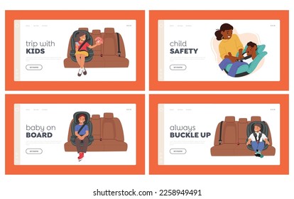 Children Sit in Car Seat Landing Page Template Set. Happy Boy And Girl Sit In Vehicle Chair during Road Travel With Family, Mother Putting On Child Safe Seat Belt. Cartoon People Vector Illustration