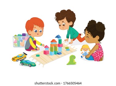 Children sit in circle and play with toys in the kindergarten classroom, play with wooden toy blocks, cars, doll and laugh. Learning through entertainment concept. Vector illustration for flyer, websi