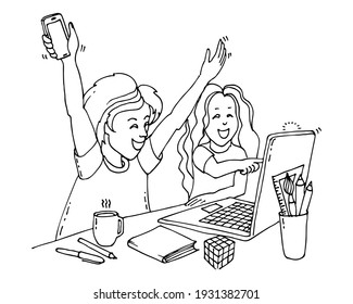 Children Sit At The Computer And Rejoice. Share Information Online With Friends. Social Networks. Online Learning. Technologies. Hand Drawn Vector Illustration.