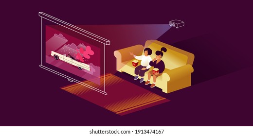 Children sit on the couch eating popcorn and watching a movie on a home theater projector. Isometric vector illustration.