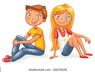 Children sit on the floor back to back. Funny cartoon character. Vector illustration. Isolated on white background