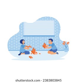 Children sit on the floor of the house and play together. They play with colorful blocks and toy planes. Kindergarten educational games. Children's concept. trend modern vector flat illustration 
