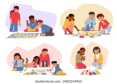 Children Sit On The Floor, Joyfully Engaged In Board Games. Laughter Echoes As They Strategize, Roll Dice, And Move Colorful Pieces, Creating Delightful Memories Together. Cartoon Vector Illustration