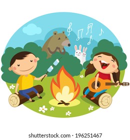 Children Sit On The Lawn Around The Campfire And Sing Songs