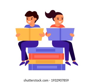 Children sit on pile of books, read book together,  and enjoy literature. An open book for reading, learning, education and entertainment. Cute boy and girl love to read, learn. Vector
