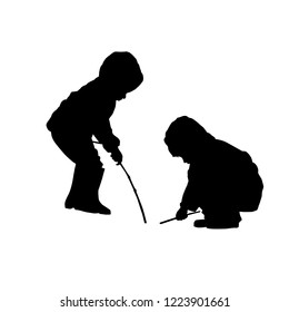 Children sit and play in a puddle. Vector