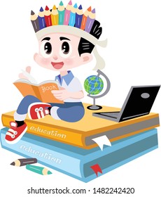 Children sit and read books on the textbook. Vector images. Have school supplies