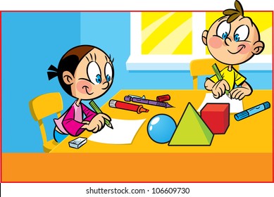 Children sit at a table in the room. Boy and a girl draw with crayons on paper.