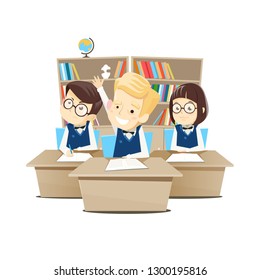 Children sit at their desks at school in the classroom and learn. Vector illustration.