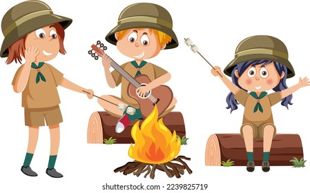 Children sitting around camp fire illustration