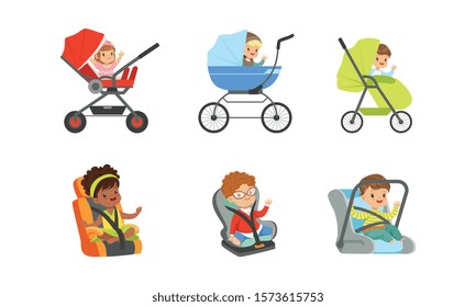 Children Sitting in Baby Carriages and Booster Chairs Waving Hands Vector Illustrations Set