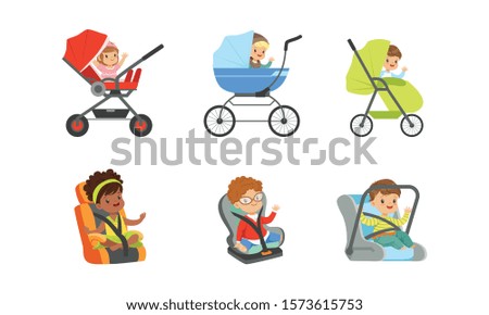 Children Sitting in Baby Carriages and Booster Chairs Waving Hands Vector Illustrations Set