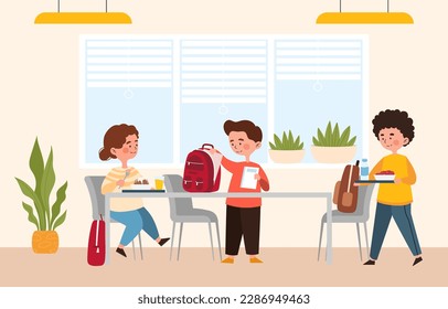 Children sitting in canteen. Boys and girl with books and backpacks sitting at table with food. Rest after school, students have breakfast, spend time together. Cartoon flat vector illustration