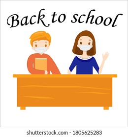 Children are sitting at a desk in medical masks and happy back to school. Back to school after COVID-19 pandemic. Safety policy for school to protect from infection to children.