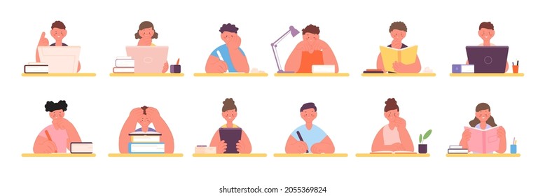 Children sitting at desk. Student studying, answering boy. School and preschool characters, kids doing homework. Self distance education utter vector set