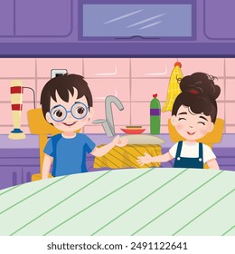 children sitting in the kitchen. kitchen table. sweet characters. vector illustration kids and kitchen