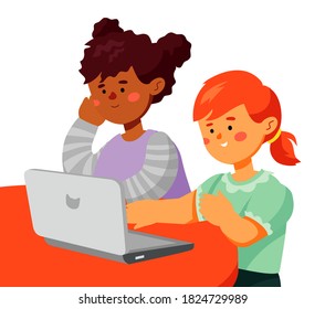 Children sitting at laptop - colorful flat design style illustration with cartoon characters. Education, leisure activities for kids. Happy girls, friends looking at computer screen. E-learning idea