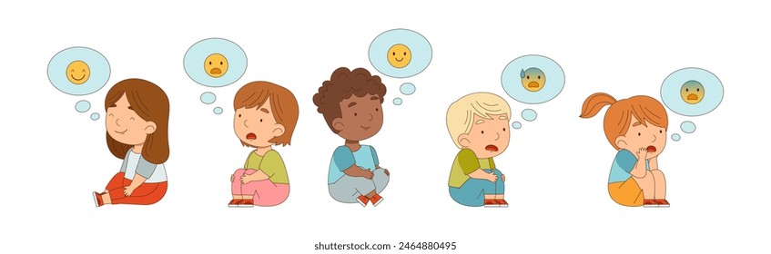 Children Sitting and Listen Fairytale Expressing Different Emotion Vector Set