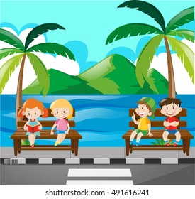 Children sitting on bench by the sea illustration