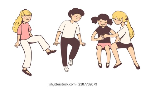 Children are sitting on a bench and playing.  Vector illustration with cartoon style.