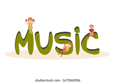 Children sitting on big letters and playing on musical instruments. Vector concept illustration in flat style