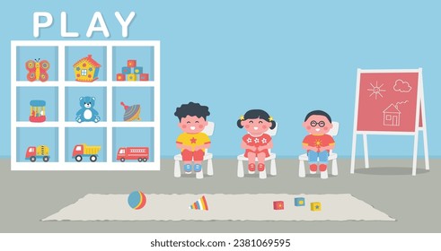 Children sitting on chairs in the kids' room. Playroom interior. Kids' room in blue color. Cabinet with toys, blackboard, chairs, rug. Vector illustration