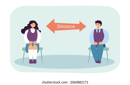 Children Sitting On Chairs At Safe Physical Distance. Coronavirus Protection For Kids Flat Vector Illustration. School Safety, Social Distancing Concept For Banner, Website Design Or Landing Web Page