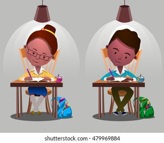 Children sitting on desk. Kids school vector. Boys, girls vector cartoon. Preschool illustration. School kids