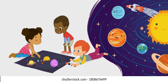 Children sitting on floor explore toy universe, Planets, Stars, Sun, Moon, and Galaxies. Playing and educational activity in kindergarten. Preschool environmental education concept. Cartoon vector ill