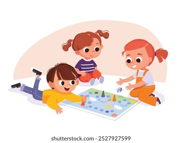 Children sitting on a floor play table games. Kids having fun while playing board game. Spending time playing tabletop games. Vector illustration.